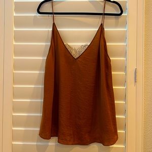 Free People Burnt Orange Silky Blouse with Flower Lace Lining Bra. Size Large